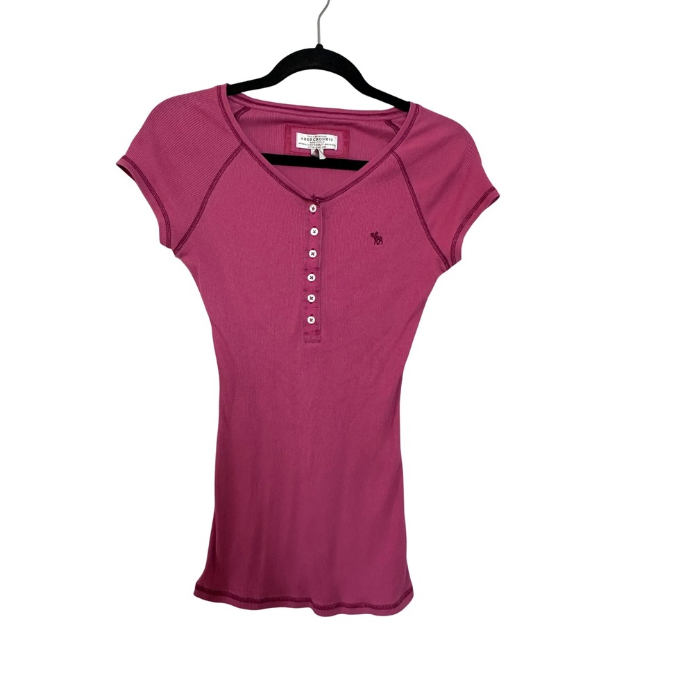 Abercrombie Fitch VTG Womens Ribbed Henley T Shirt Baby Doll Moose Logo Size L